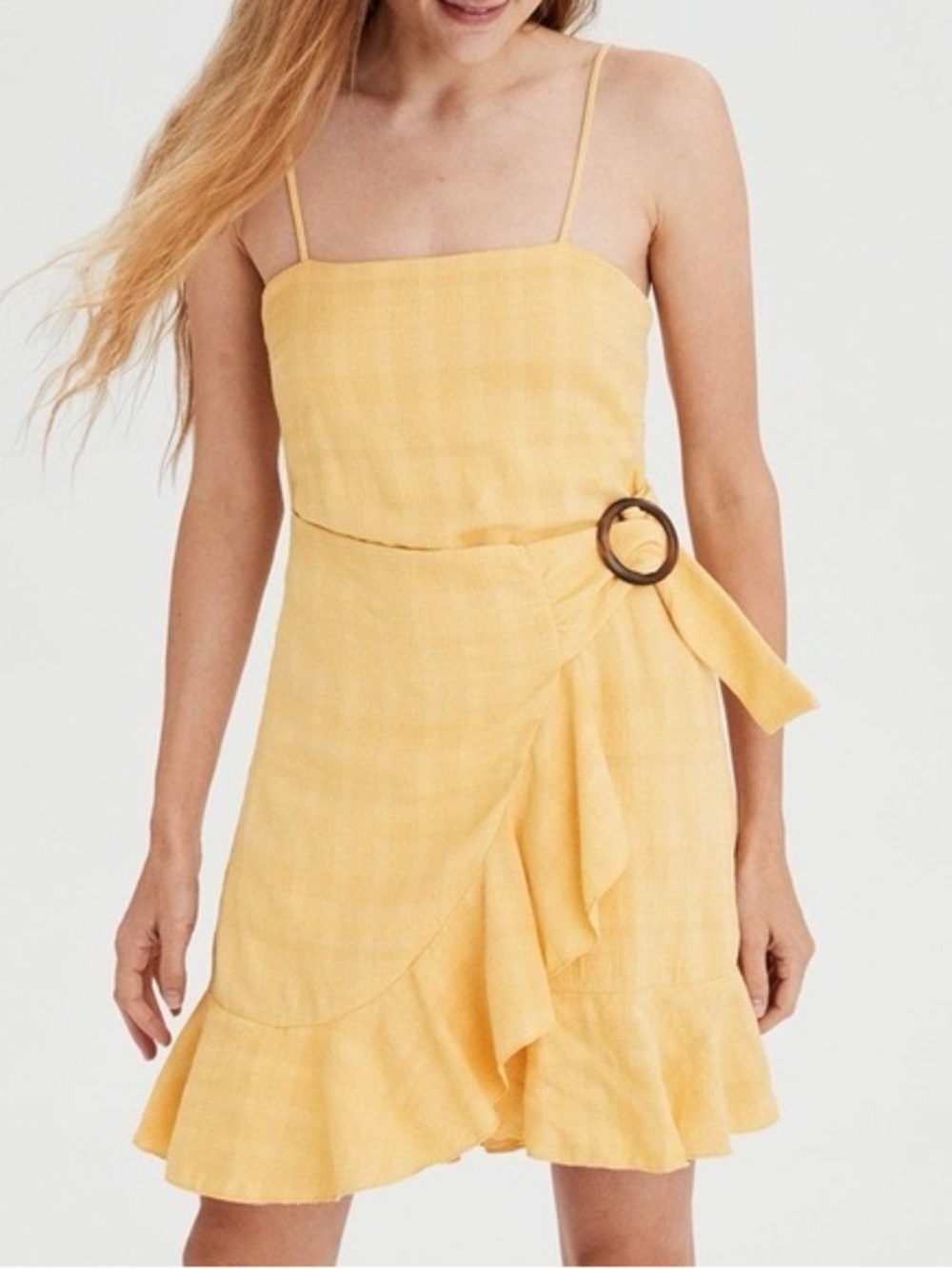 American Eagle Yellow Wrap Mini Dress ruffle hem sundress NWOT size medium